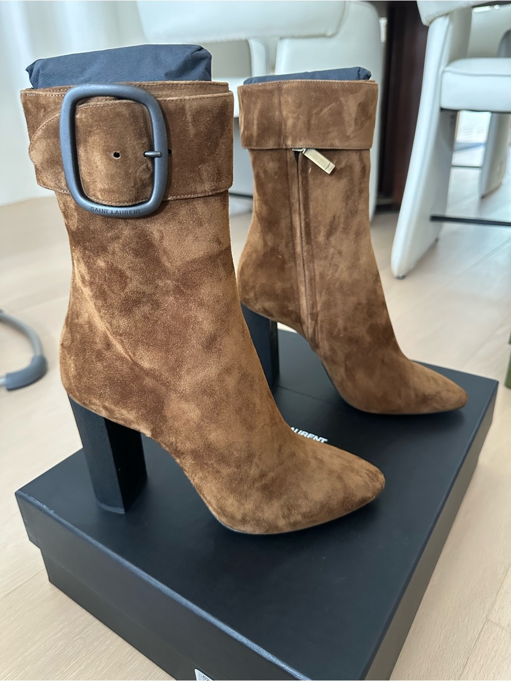 Saint Laurent Chestnut Suede Buckle Ankle Boots